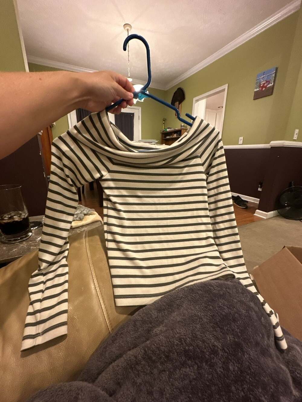 American Eagle Off-the-Shoulder Ribbed Striped Long Sleeve Top